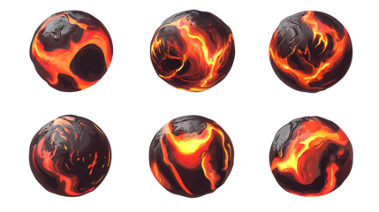Set of Glowing Lava Fire Spheres – Volcanic Orb Textures on Transparent Background PNG