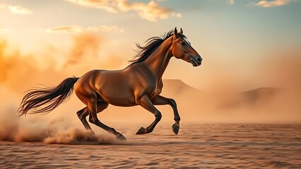 Majestic horse running through golden desert dust under a warm sunset, capturing dynamic motion.
