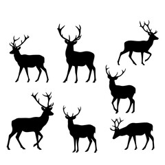 Naklejka premium Six elegant deer silhouettes, various poses, profile views, antler variations.