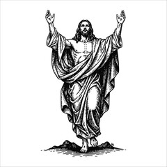 A detailed illustration of Jesus Christ standing with arms raised in a gesture of blessing or triumph, depicted in a classic, reverent style.