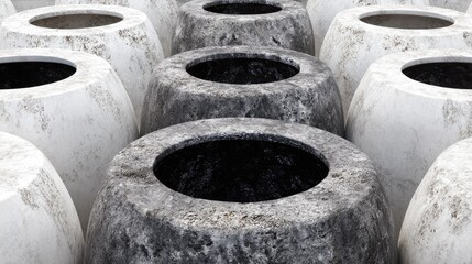 Close-up view of a collection of textured, round planters.