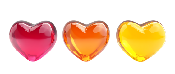 Glossy 3D Heart Icons Set in Red, Orange, and Yellow – Transparent Background PNG