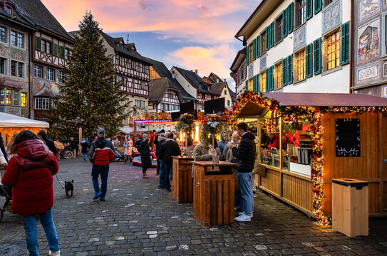 Christmas Romance in the Historic Old Town of Stein am Rhein at Sunset, Switzerland