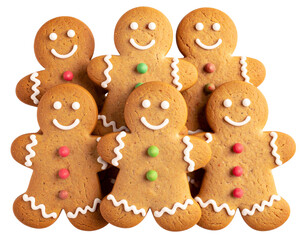 Stack of Mini Gingerbread Men Cookies with Varied Icing Faces, Overlapping Composition, Transparent Background