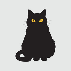 Spooky Halloween Black Cat Vector Illustration, Cute adorable fluffy black cat with bright yellow eyes sitting and looking forward.