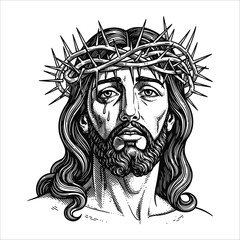 Obraz premium A detailed, somber portrait of Jesus Christ wearing a crown of thorns, with a tear visible on his cheek, rendered in a black and white illustrative style.