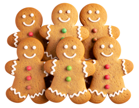 Stack of Mini Gingerbread Men Cookies with Varied Icing Faces, Overlapping Composition, Transparent Background