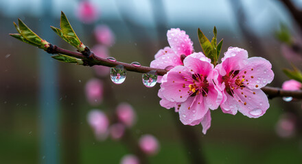 Obraz premium Raindrops on pink peach flower branch, shallow depth of field nature shot