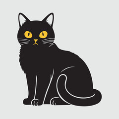 Spooky Halloween Black Cat Vector Illustration, Cute adorable fluffy black cat with bright yellow eyes sitting and looking forward.