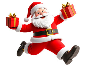 3D Cartoon Santa Claus Dancing with Gifts, Joyful Pose, Transparent Background