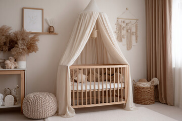 Cozy nursery featuring a wooden crib with fabric canopy and neutral decor in a serene, softly lit space