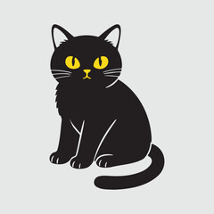 Spooky Halloween Black Cat Vector Illustration, Cute adorable fluffy black cat with bright yellow eyes sitting and looking forward.