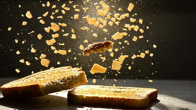 Floating crumbs of toasted bread suspended in sunlight, creating a dynamic culinary scene