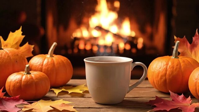 Pumpkins and fall leaves surround a steaming mug in front of a blurred fireplace on a wooden table