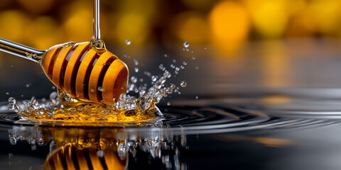 A close-up of a honey dipper creating a dynamic splash in liquid, with golden honey dripping and reflections on a dark surface, against a blurred yellow background
