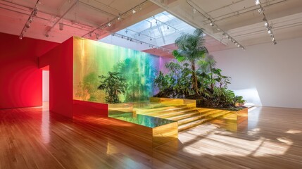 Fototapeta premium A vibrant indoor garden installation with a rainbow-hued backdrop.