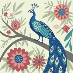 Fototapeta premium Elegant Vector Peacock on Flowering Branch – Decorative Floral Bird Illustration
