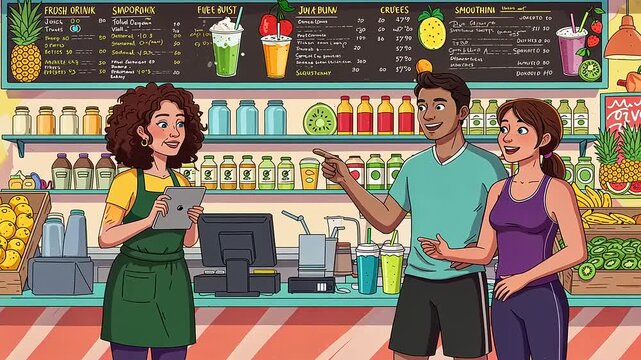 Friendly interaction at a vibrant juice bar with customers discussing options and enjoying fresh produce - Powered by Adobe
