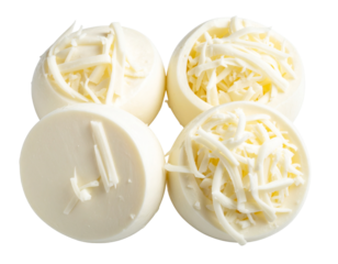  Close-Up of Creamy Mozzarella Cheese Shreds in Four Portions, Studio Lit, Transparent Background