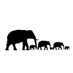 Elephant family silhouette, mother leading calves, walking together. © Adji