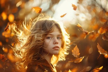 Fototapeta premium Blonde girl enjoying a beautiful autumn day as golden leaves swirl around her in a magical, sunlit forest
