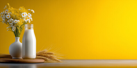 A bright and cheerful rustic display featuring a bottle of milk, wheat stalks, a vase with daisies and yellow flowers, and a wooden board, all on a light surface against a vibrant yellow background