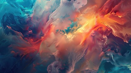 Abstract swirling cloudscape of vibrant teal, orange, and red hues, suggesting a celestial or fiery atmosphere, with soft, textured brushstrokes