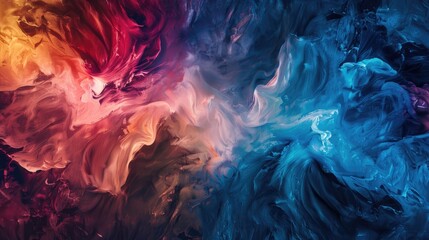 Obraz premium Abstract swirling composition of warm reds, oranges, and cool blues, creating a dynamic, almost cosmic, visual effect with contrasting color temperatures and fluid, organic shapes