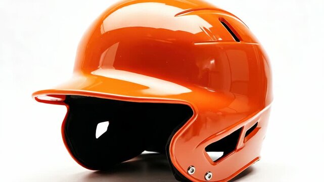 Red batting helmet is used to protect the head of baseball players during the game. It has a hard plastic shell with an adjustable chinstrap fastener for a secure fit.