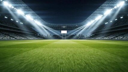 The scene portrays a bright stadium at night filled with spectators focused on the field