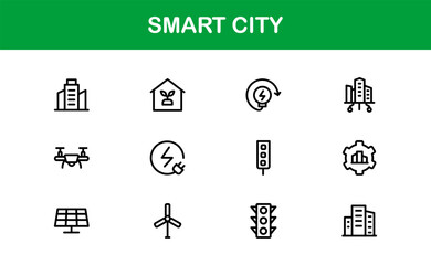 Smart City Line Icon Set – Modern, minimal, and professional smart city symbols representing urban innovation, mobility, infrastructure, and digital services