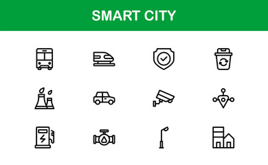 Smart City Line Icon Set – Modern, minimal, and professional smart city symbols representing urban innovation, mobility, infrastructure, and digital services