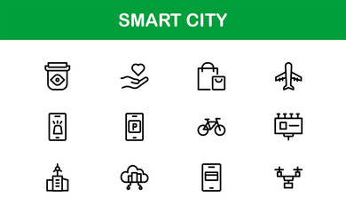 Smart City Line Icon Set – Modern, minimal, and professional smart city symbols representing urban innovation, mobility, infrastructure, and digital services