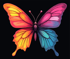 Vector t-shirt design with 
beautiful tropical bright colorful butterfly
isolated on black background.
Fashionable print for fabric, paper, 
children, women clothing. 
T shirt drawing for summer party