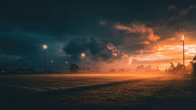 Dramatic sunset over a misty, empty sports field, illuminated by tall stadium lights under a stormy sky