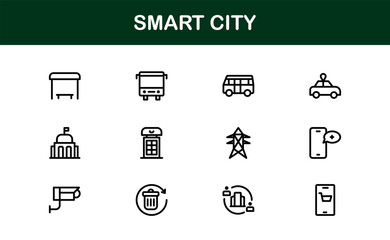 Smart City Line Icon Set – Modern, minimal, and professional smart city symbols representing urban innovation, mobility, infrastructure, and digital services