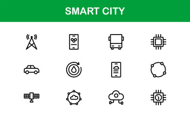 Smart City Line Icon Set – Modern, minimal, and professional smart city symbols representing urban innovation, mobility, infrastructure, and digital services
