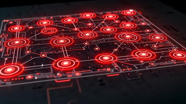 Futuristic digital circuit board with glowing red nodes and connections, set against a dark background