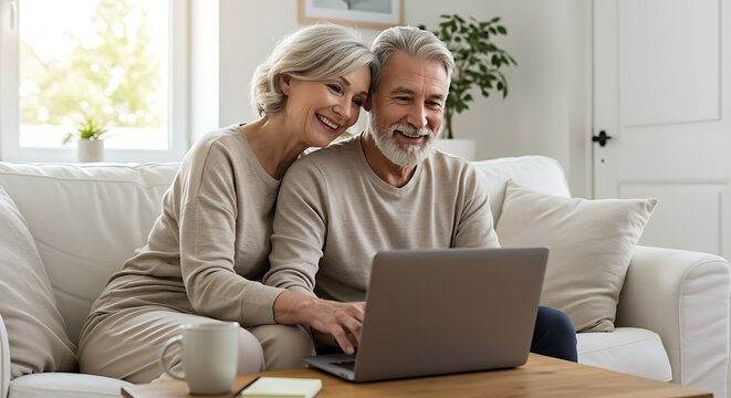 Happy senior couple relaxing on a couch at home, smiling while using a laptop together for browsing or video calls.