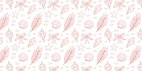 Tropical Seamless Pattern Featuring Palm Leaves, Starfish, Seashells, and Bows for Beach-Themed Designs, Graphic Design, Illustration, Vectors