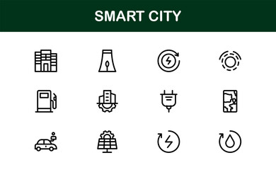 Smart City Line Icon Set – Modern, minimal, and professional smart city symbols representing urban innovation, mobility, infrastructure, and digital services