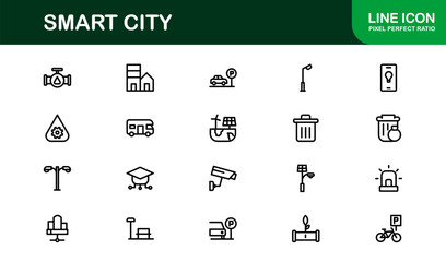 Smart City Line Icon Set – Modern, minimal, and professional smart city symbols representing urban innovation, mobility, infrastructure, and digital services