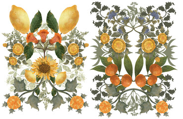 2 botanical watercolor compositions with lemons and flowers, oranges and flowers. Symmetrical botanical compositions in folk style