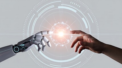 The genesis of artificial intelligence, a human hand and a robotic arm touching a digital brain. A futuristic connection and partnership.
