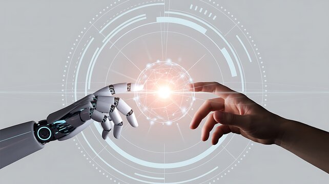 The genesis of artificial intelligence, a human hand and a robotic arm touching a digital brain. A futuristic connection and partnership.