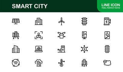 Smart City Line Icon Set – Modern, minimal, and professional smart city symbols representing urban innovation, mobility, infrastructure, and digital services