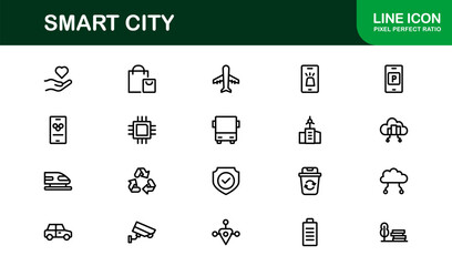 Smart City Line Icon Set – Modern, minimal, and professional smart city symbols representing urban innovation, mobility, infrastructure, and digital services