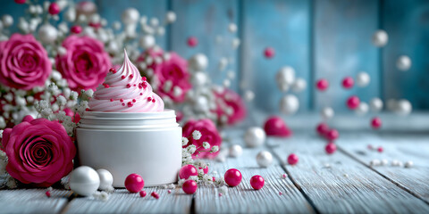 A charming beauty and sweet treats scene with a white jar of pink-swirled cream topped with sprinkles, surrounded by vibrant pink roses, white baby's breath, and scattered pearls and berries, all on a