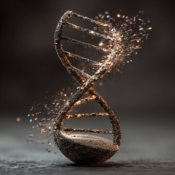 DNA strand made of particles dissolving in air symbolizing longevity and science research in genetics and molecular biology
