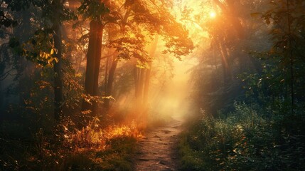 Misty forest path bathed in warm, golden sunlight filtering through autumnal foliage, creating a magical, ethereal atmosphere